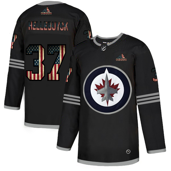 Cheap Winnipeg Jets 37 Connor Hellebuyck Adidas Men Black USA Flag Limited NHL Jersey